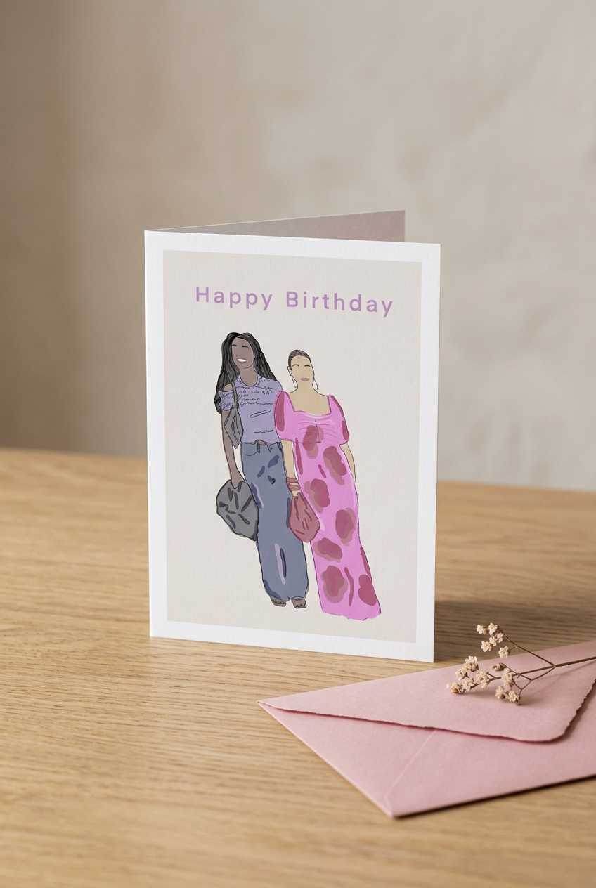 Happy Birthday illustrated greeting card with two friends, styled on oak with a pink envelope
