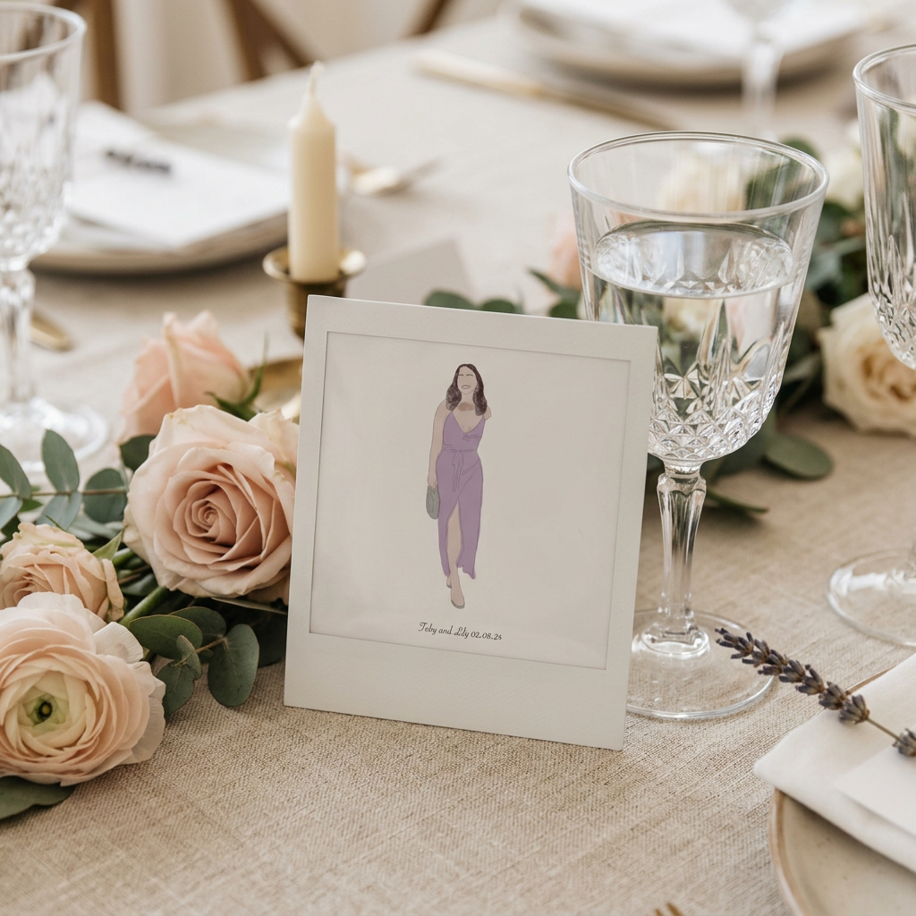 Polaroid-style guest illustration propped beside roses on a wedding table