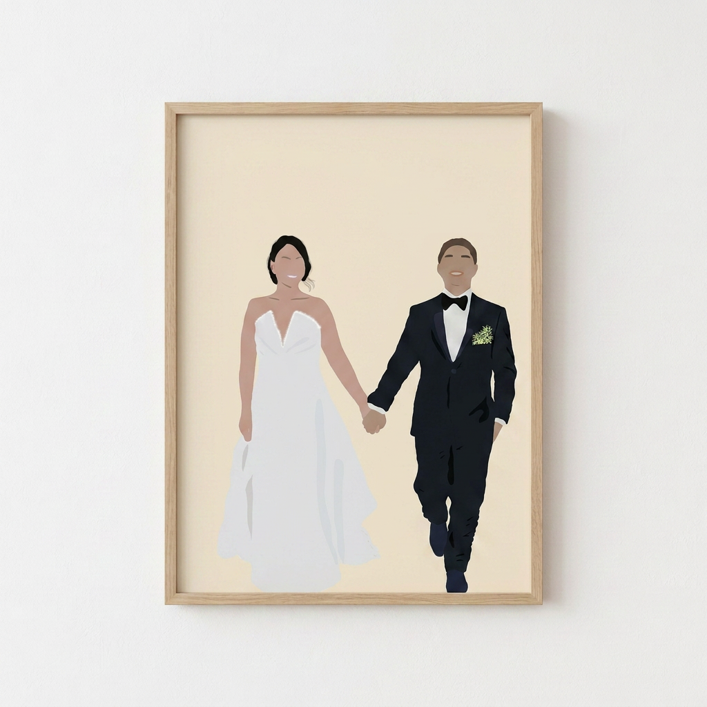 Illustrated bride and groom portrait on cream, A4 print in an oak frame on a white wall