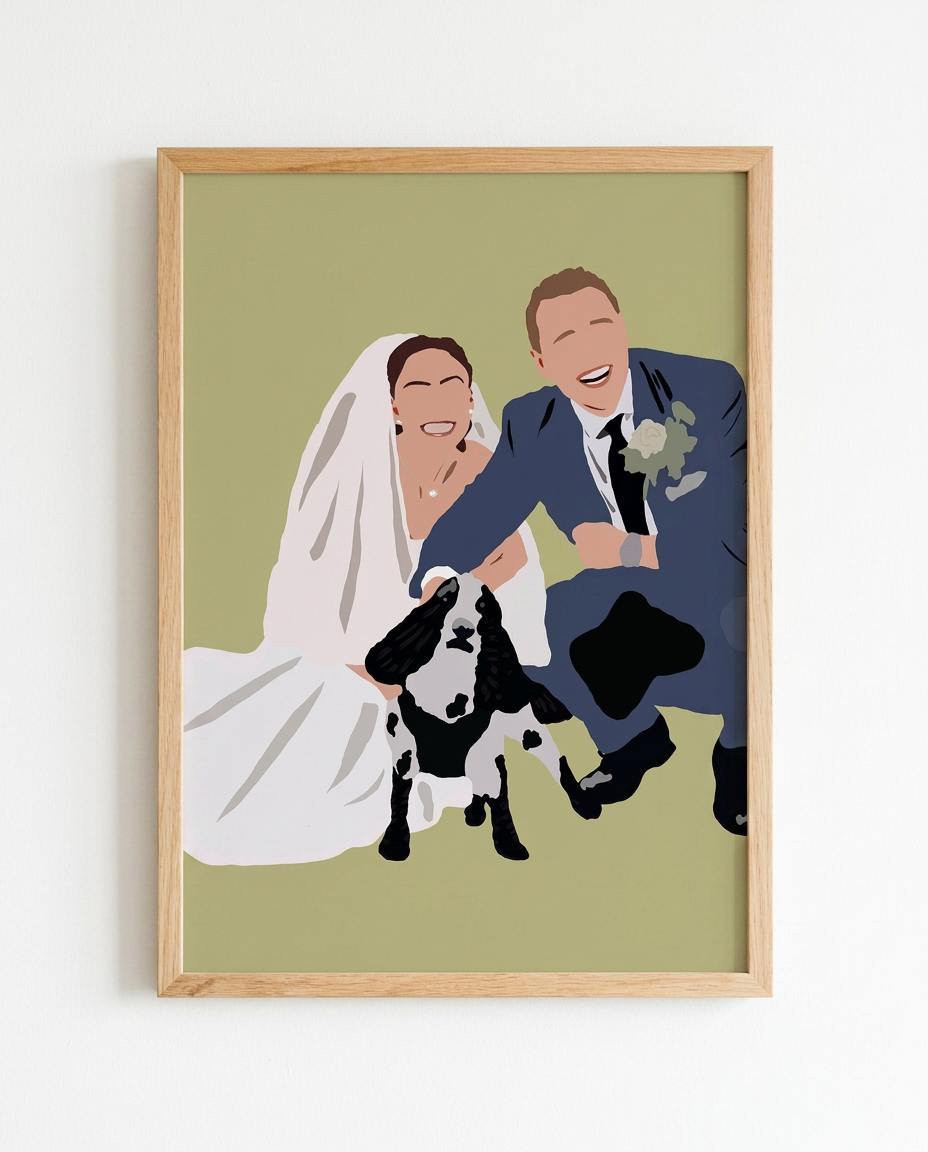 A4 illustrated print of a bride and groom with their dog in a natural wood frame on a white wall