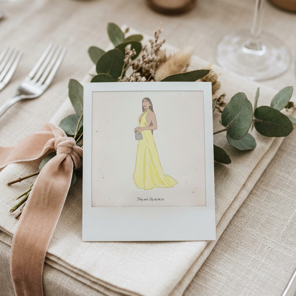Polaroid-style guest illustration on a linen napkin place setting