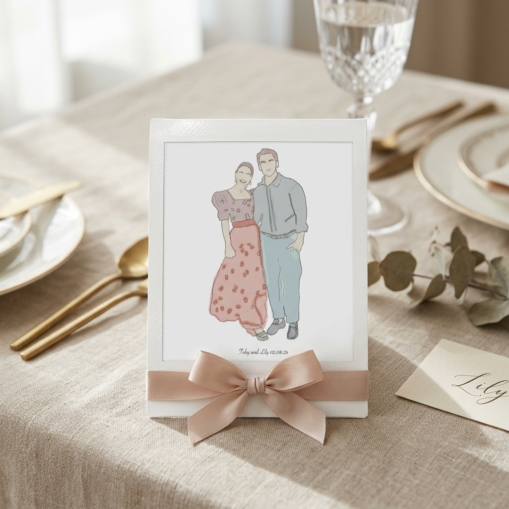 Polaroid-style couple illustration favour on a wedding table