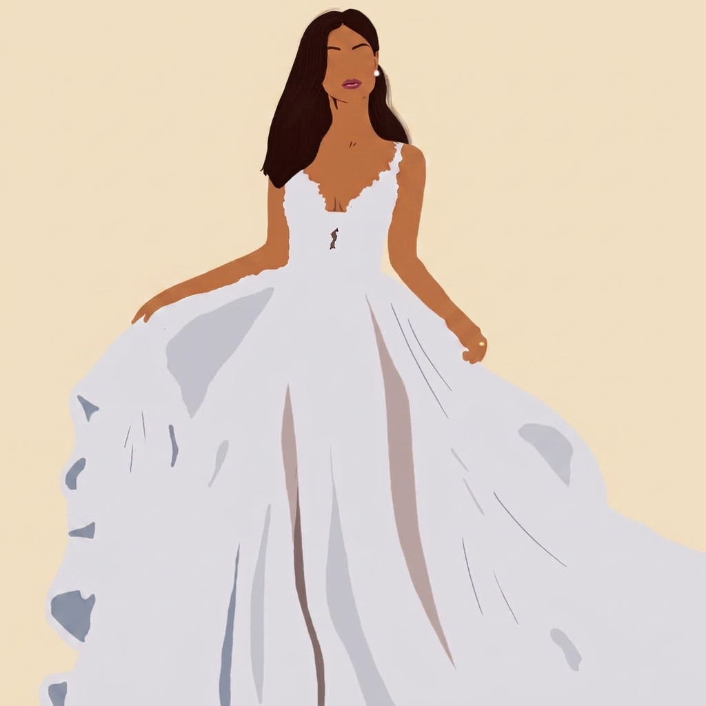 Elegant hand-illustrated bride in a flowing white gown on a soft olive background