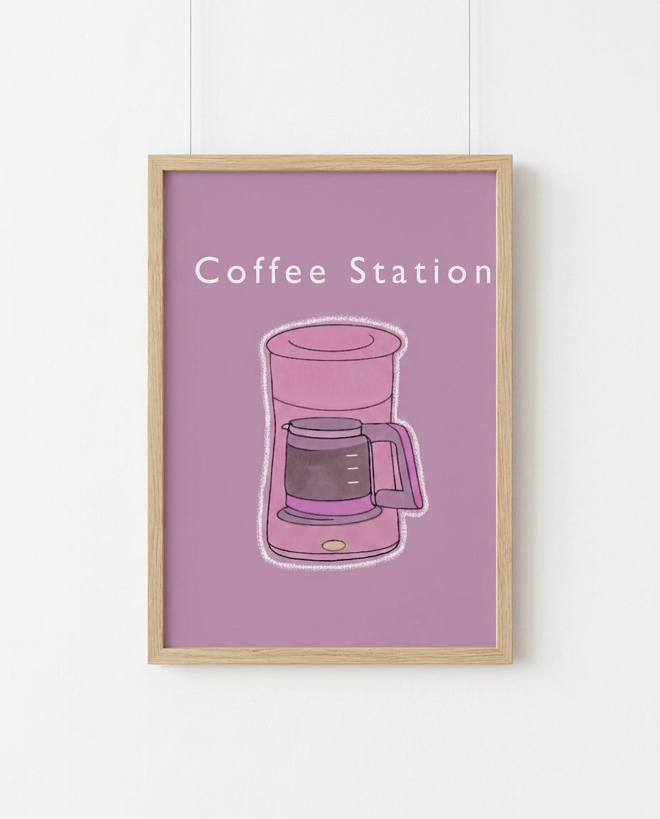 Coffee Station illustration by Mol printed A4 in a natural wooden frame on a white wall