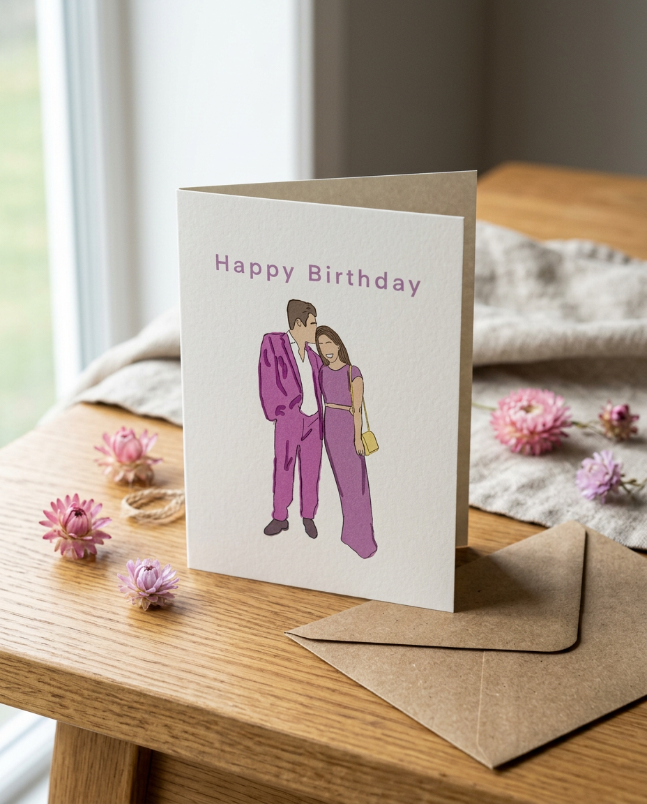 Illustrated couple birthday card standing on an oak table with kraft envelope