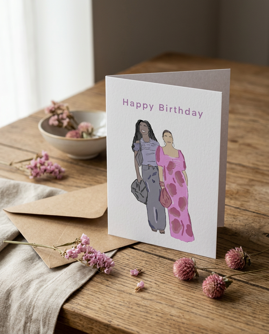 Illustrated friends birthday card styled with dried flowers and linen
