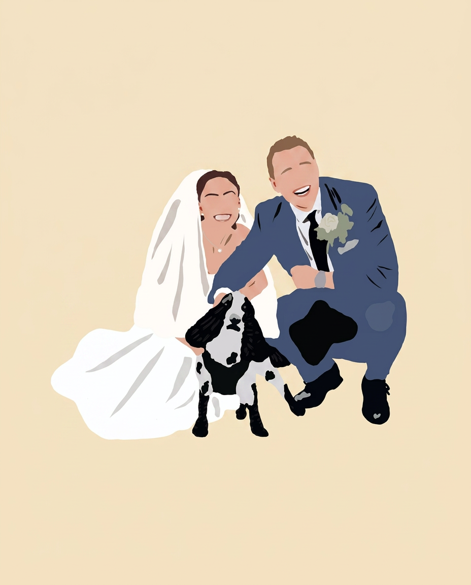 Digital illustration of a laughing bride and groom with their dog on a soft cream background