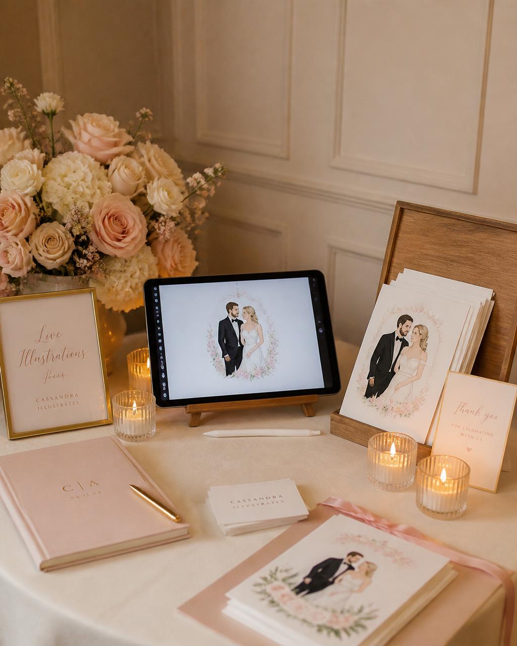 Live digital illustrator table set up at a wedding reception with tablet, prints and blush flowers