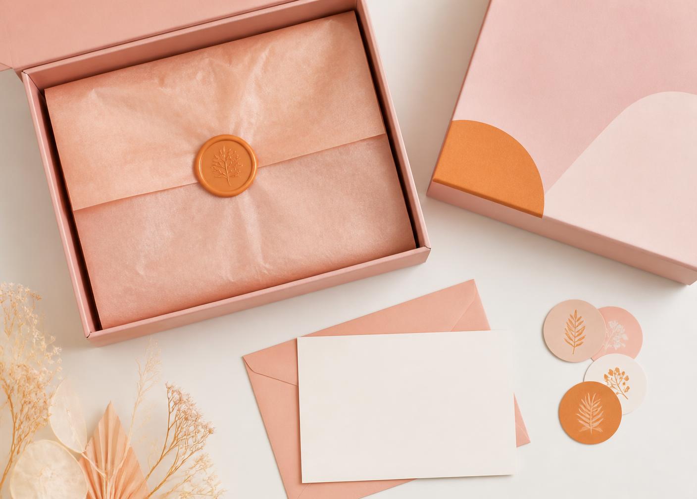 Blush and orange packaging with tissue paper, a wax seal and illustrated stickers