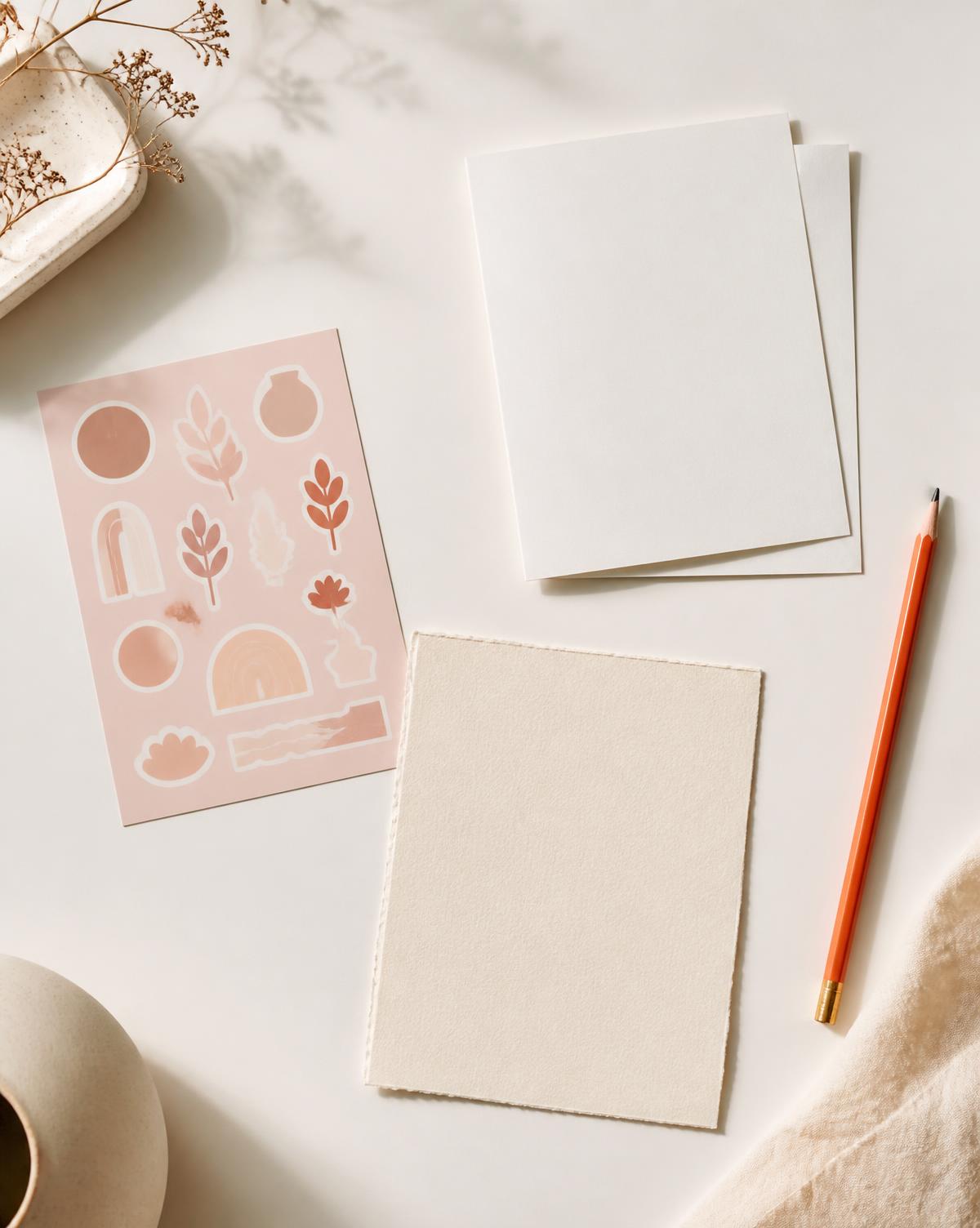 Cards, stickers and an unframed print on a warm white surface